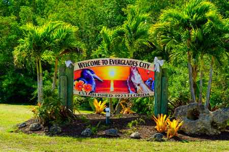 Everglades City, FL USA - January 26, 2017: Colorful welcome sign to the small rural city located in the Florida Everglades.のeditorial素材