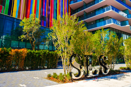 Miami, FL USA - February 14, 2017: The beautiful modern and colorful architecture of the luxury SLS Brickell Hotel in the popular downtown Brickell area.のeditorial素材