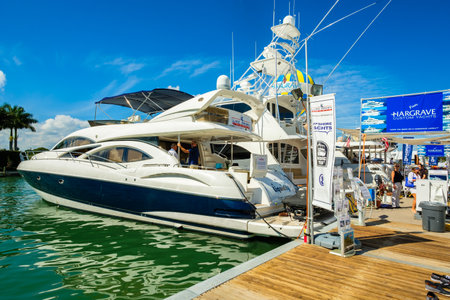 Miami Beach, Fl USA - February 17, 2017: The popular Miami International Boat Show features more than 3,000 boats and 2,000 exhibitors from all over the globe.のeditorial素材