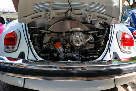 Miami, FL USA - February 12, 2017: Close up view of the engine compartment of a vintage Volkswagen...