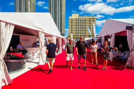 Miami Beach, Fl USA - February 17, 2017: The popular Miami International Boat Show features more than 3,000 boats and 2,000 exhibitors from all over the globe.のeditorial素材