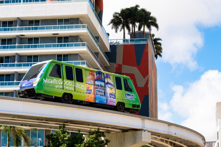 Miami, FL USA - March 1, 2017: Downtown Miami cityscape with the popular Metromover passing along...