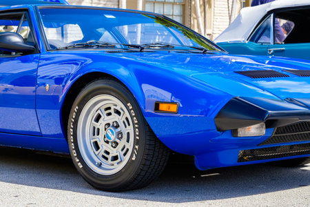 Miami, Florida USA - March 5, 2017: Close up view of the front end of a beautfully restored 1974 Detomaso Pantera supercar at a public car show.のeditorial素材