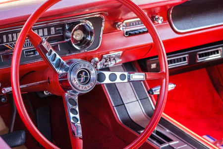 Miami, Florida USA - March 5, 2017: Close up view of the interior of a beautifully restored vintage Ford Mustang automobile at a public car show.のeditorial素材