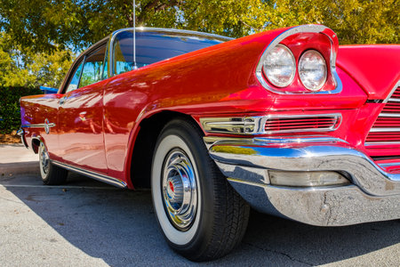 Miami, Florida USA - March 5, 2017: Close up view of a beautifully restored 1959 Chrysler 300E at a public car show.のeditorial素材