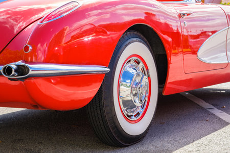 Miami, Florida USA - March 5, 2017: Close up view of the back end of a beautifully restored 1958 Chevrolet Corvette Roadster at a public car show.のeditorial素材