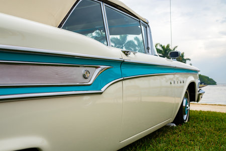 Miami, FL USA - March 12, 2017: Close up view of a beautifully restored vintage 1959 Edsel Corvair CV automobile at a public car show along Palmetto Bay in Miami.のeditorial素材