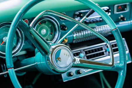 Miami, FL USA - March 12, 2017: Close up view of the interior of a beautifully restored vintage 1955 Studebaker Commander automobile at a public car show along Palmetto Bay in Miami.のeditorial素材