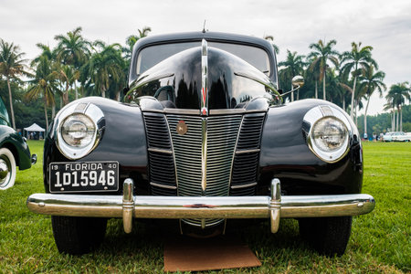 Miami, FL USA - March 12, 2017: Close up view of the front end of a beautifully restored vintage...