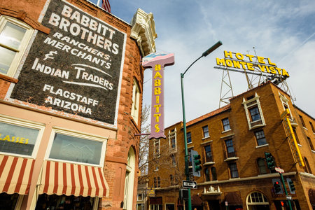 Flagstaff, AZ USA - October 24, 2016: Cityscape view of the historic downtown area with vintage architecture.のeditorial素材