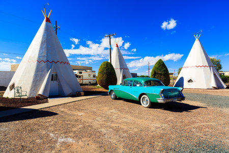 Holbrook, AZ USA - October 29, 2016: The Wigwam Motel with its tipee style rooms and vintage cars is a popular tourist destination in this small desert town near the Petrified Forest.のeditorial素材