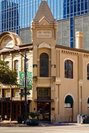 Austin, TX USA - November 15, 2016: Cityscape up view of the historic Koppel Building and classic architecture from 1888 in the popular downtown district.のeditorial素材