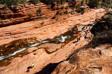 Coconino, AZ USA - October 17, 2016: Slide Rock State Park with its natural rock water slides in the Oak Creek Canyon is a popular tourist destination.のeditorial素材