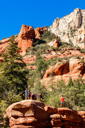 Coconino, AZ USA - October 17, 2016: Visitors enjoying the beauty of Slide Rock State Park with its natural rock water slides in the Oak Creek Canyon near Sedona.のeditorial素材