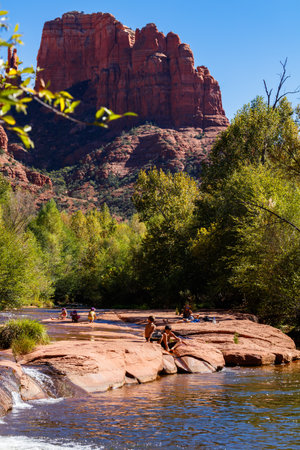 Sedona, AZ USA - October 18, 2016: Cathedral Rock in the Coconino National Forest with its natural sandstone rock formations is a popular tourist destination.のeditorial素材