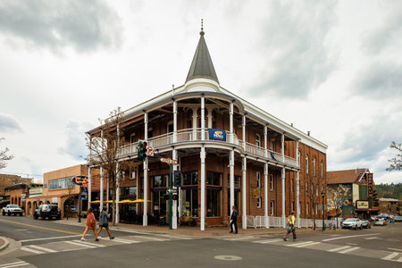 Flagstaff, AZ USA - October 24, 2016: Cityscape view of the historic downtown area with vintage architecture on a cloudy day.のeditorial素材