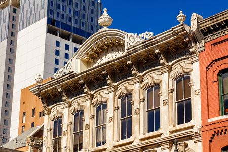 Austin, TX USA - November 15, 2016: Close up view of the historic JW Hannig building and classic architecture from 1876 in the popular downtown district.のeditorial素材