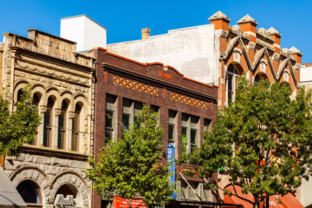 Austin, TX USA - November 15, 2016: Cityscape up view of the historic buildings and classic architecture from 1876 in the popular downtown district.のeditorial素材