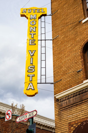 Flagstaff, AZ USA - October 24, 2016: Cityscape view of the vintage sign of the historic Hotel Monte Vista in the downtown area.のeditorial素材