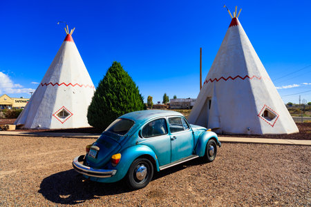 Holbrook, AZ USA - October 29, 2016: The Wigwam Motel with its tipee style rooms and vintage cars is a popular tourist destination in this small desert town near the Petrified Forest.のeditorial素材