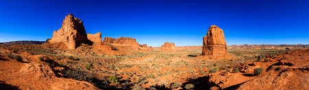 Utah, USA - November 4, 2016: Panoramic view of beautiful Arches National Park with over 2,000 natural sandstone arches and numerous hiking trails near Moab.のeditorial素材