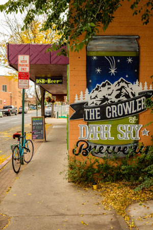 Flagstaff, AZ USA - October 24, 2016: Cityscape view of the historic downtown area with colorful shops and bars.のeditorial素材