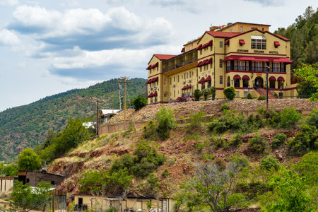 Jerome, Arizona USA - April 27, 2017: Cityscape view of the Jerome Grand Hotel, famously known for its haunted ghosts, in this popular small mountain town located in Yavapai County in the Verde Valley.のeditorial素材