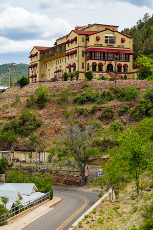 Jerome, Arizona USA - April 27, 2017: Cityscape view of the Jerome Grand Hotel, famously known for...