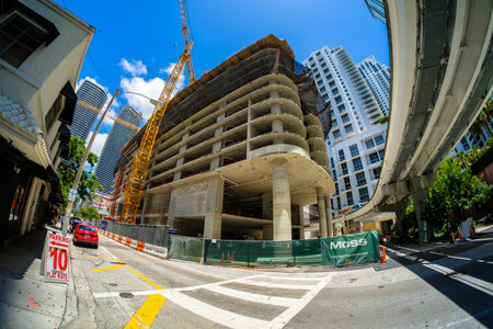 Miami, Florida - August 8, 2017: Fish eye view of the Flatiron construction project underway in the popular Brickell area in downtown Miami.のeditorial素材