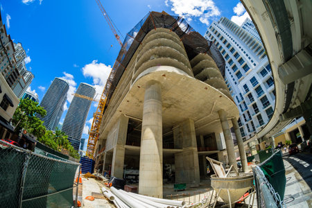 Miami, Florida - August 8, 2017: Fish eye view of the Flatiron construction project underway in the...