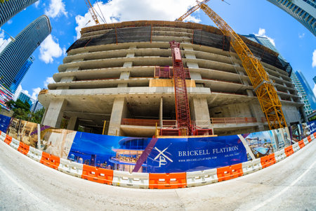 Miami, Florida - August 8, 2017: Fish eye view of the Flatiron construction project underway in the popular Brickell area in downtown Miami.のeditorial素材