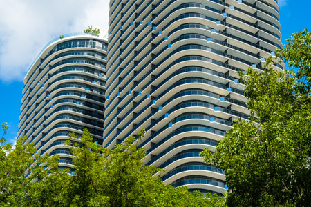 Miami, Florida - August 17, 2017: Close up view of the completed construction of the Brickell Heights residential building in the popular downtown Brickell area.のeditorial素材