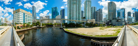 Miami, Florida - August 17, 2017:  Panoramic view of the downtown Miami skyline along the Miami River.のeditorial素材