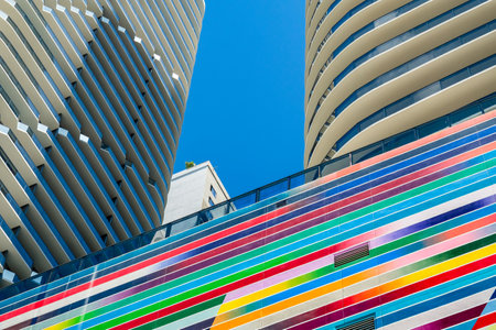 Miami, Florida - August 17, 2017: Close up view of the completed construction of the colorful Brickell Heights residential building in the popular downtown Brickell area.のeditorial素材