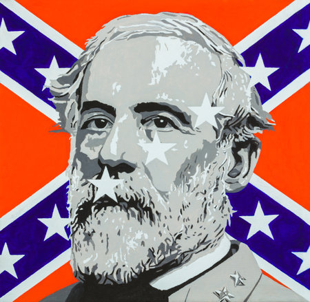 Oil on canvas modern art painting of the iconic Robert E. Lee with a confederate flag in the background.のeditorial素材
