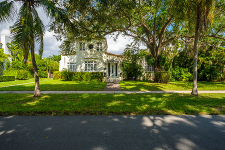Coral Gables, Florida - November 6, 2017: Classic mediterranean architecture style home in the historic City of Coral Gables located in Miami.のeditorial素材