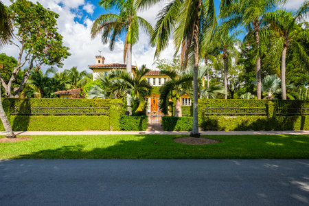 Coral Gables, Florida - November 6, 2017: Classic mediterranean architecture style home in the historic City of Coral Gables located in Miami.のeditorial素材