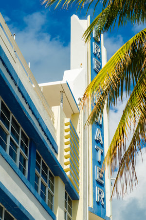 Miami Beach, Florida - November 30, 2017: Close up view of the classic art deco architecture in the popular South Beach district.のeditorial素材