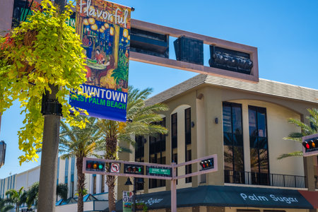 West Palm Beach, Florida - March 14, 2018: Cityscape view of the the popular West Palm Beach downtown district with restaurants and retail stores along Clematis Street.のeditorial素材