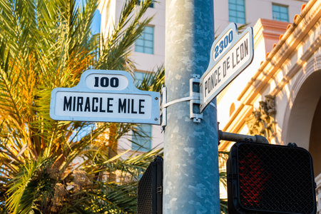 Cityscape sign view of the popular Miracle Mile in downtown Coral Gables, Florida.のeditorial素材