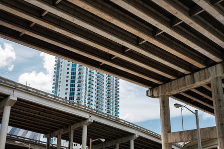 Skyward view of Interstate 95 highway running along downtown Miami.のeditorial素材