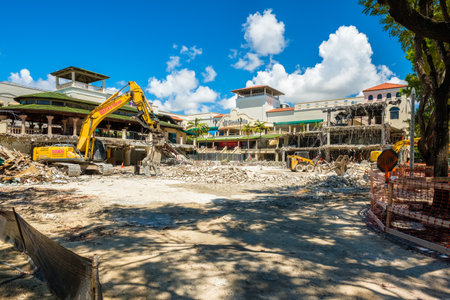 Miami, Florida - August 21, 2018:  Construction project underway in the popular Cocowalk shopping and dining area in Coconut Grove.のeditorial素材