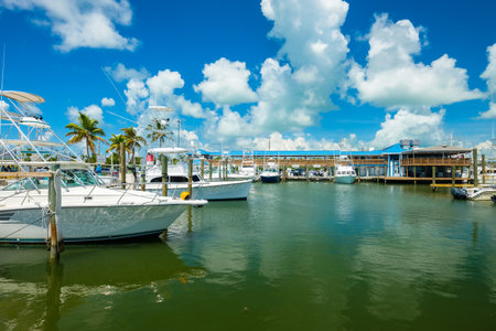 Islamorada, Florida USA - September 18, 2018: The Whale Harbor Marina is a popular tourist destination for the rental of yachts for fishing excursions in the beautiful Florida Keys.のeditorial素材