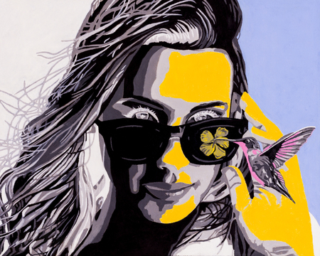 Oil on canvas modern conceptual art portrait painting of a beautiful young woman with sunglasses observing a hummingbird.の写真素材