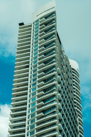 Miami, Florida - October 1, 2018: Close up view of the architecture of the luxury Infinity residential high rise building in the popular downtown Brickell area.のeditorial素材