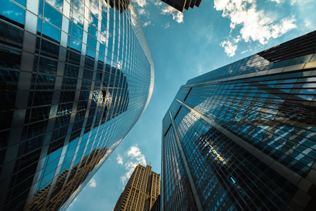 Upward view of modern skyscrapers in downtown Chicago.の写真素材