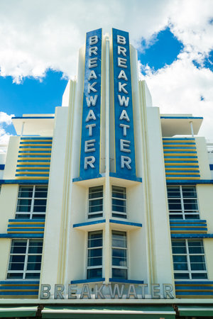 Miami Beach, Florida USA - March 4, 2019: Cityscape view of the classic art deco hotel architecture along popular Ocean Drive.のeditorial素材