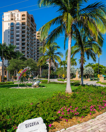 Coral Gables, Florida USA - September 7, 2019: Cityscape view with modern artwork of the luxury mediterranean style community in Miami.のeditorial素材