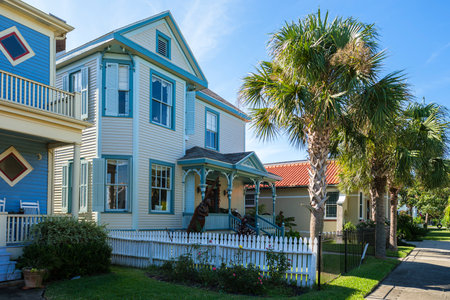 Galveston, Texas USA - November 3, 2019: The Silk Stocking Residential Historic District contains beautifully restored vintage homes of the Queen Anne architecture style.のeditorial素材