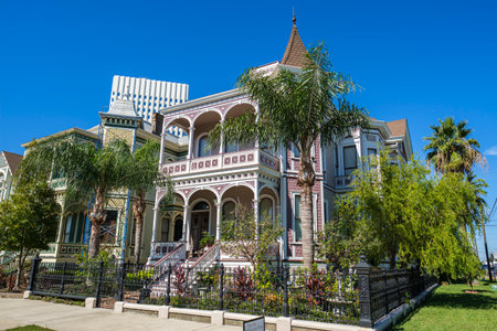 Galveston, Texas USA - November 3, 2019: The Silk Stocking Residential Historic District contains beautifully restored vintage homes of the Queen Anne architecture style.のeditorial素材